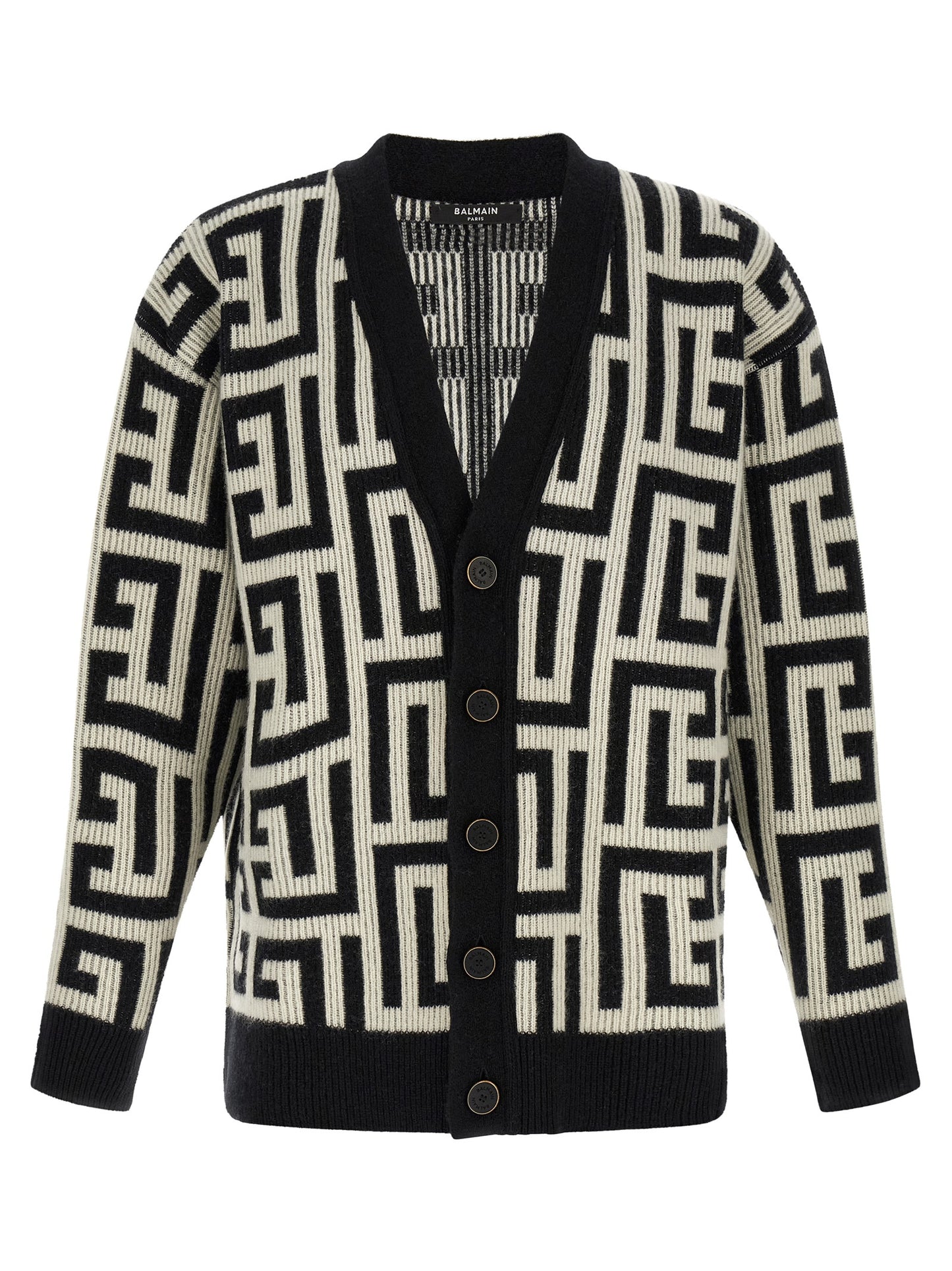 Cardigan by Balmain for men in cashmere merino wool & goat leather bicolour, black, white & monogram showcases a captivating silhouette, artfully detailed with a captivating and v-neck neckline for a truly sophisticated captivating look.
