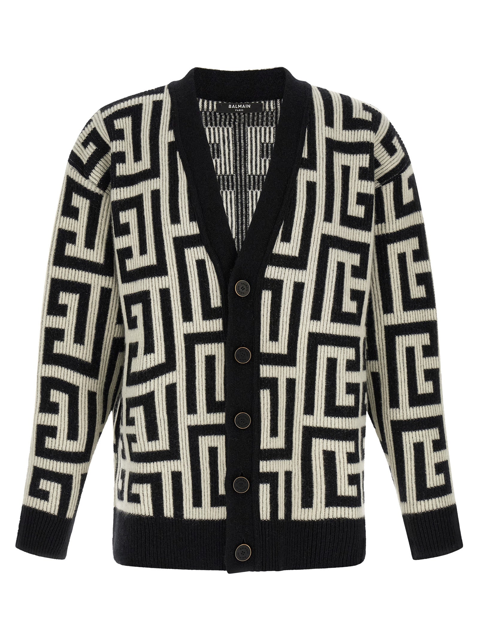 Cardigan by Balmain for men in cashmere merino wool & goat leather bicolour, black, white & monogram showcases a captivating silhouette, artfully detailed with a captivating and v-neck neckline for a truly sophisticated captivating look.