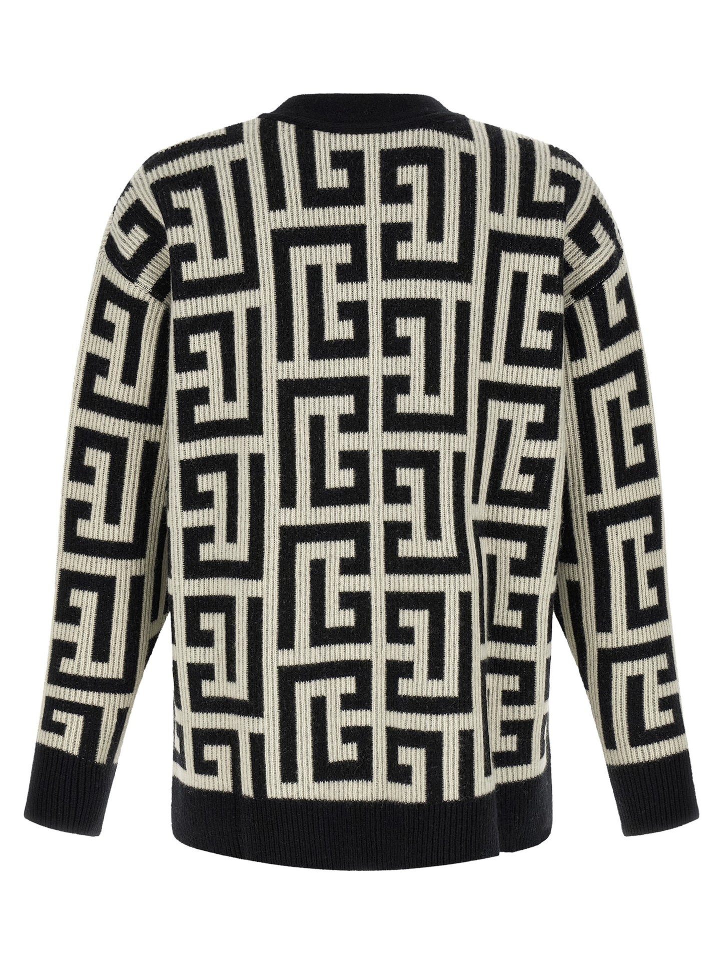 Cardigan by Balmain for men in cashmere merino wool & goat leather bicolour, black, white & monogram features a dramatic silhouette, showcasing a sophisticated v-neck neckline and dramatic detail for a timeless, premium look.