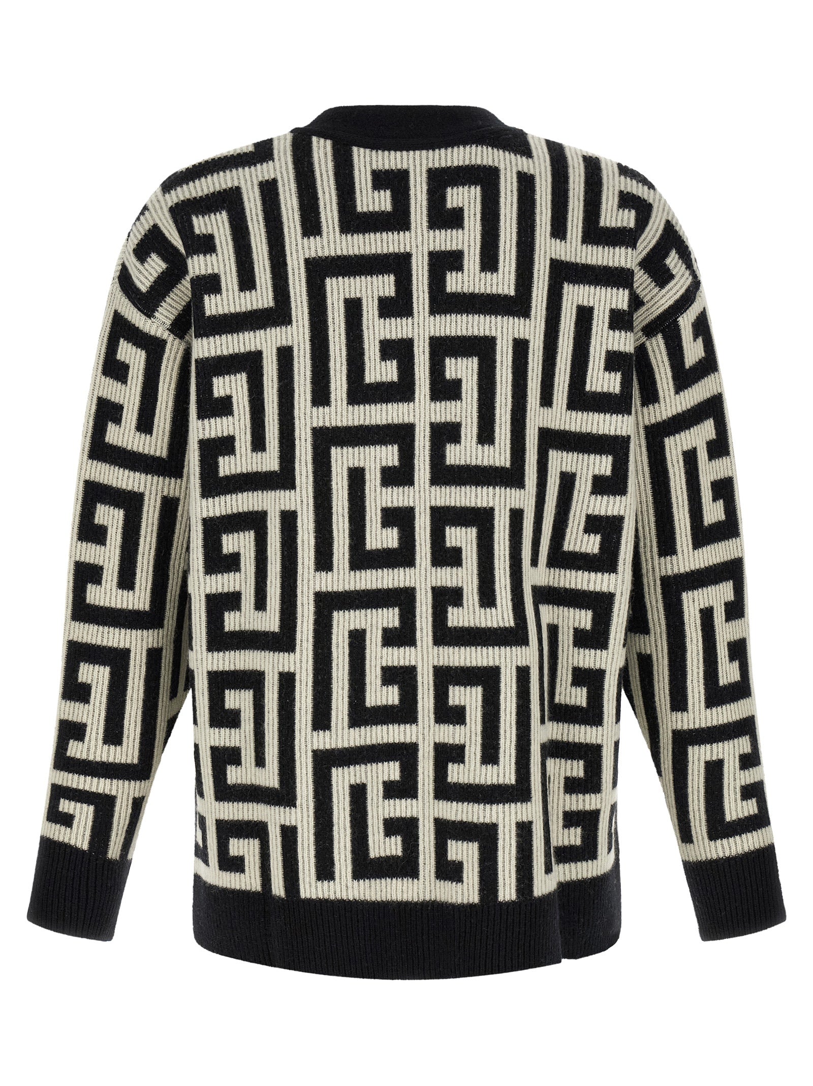 Cardigan by Balmain for men in cashmere merino wool & goat leather bicolour, black, white & monogram features a dramatic silhouette, showcasing a sophisticated v-neck neckline and dramatic detail for a timeless, premium look.
