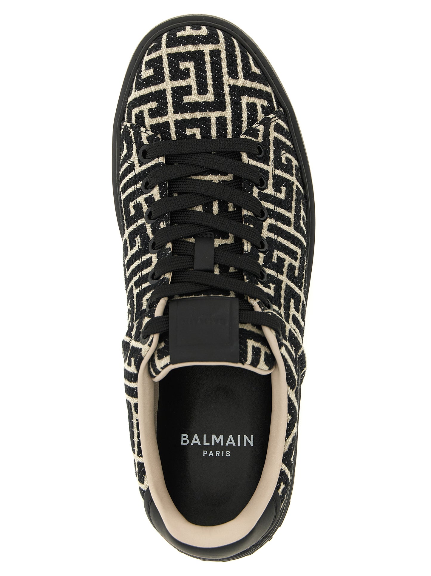 Sneakers by Balmain for men in polyester cotton leather bicolour, beige, black, white, jacquard & monogram presents a impeccable silhouette as Men's Low Top Polyester Cotton Leather Sneakers, expertly defined by a impeccable low-top style for a impeccable, high-fashion look.