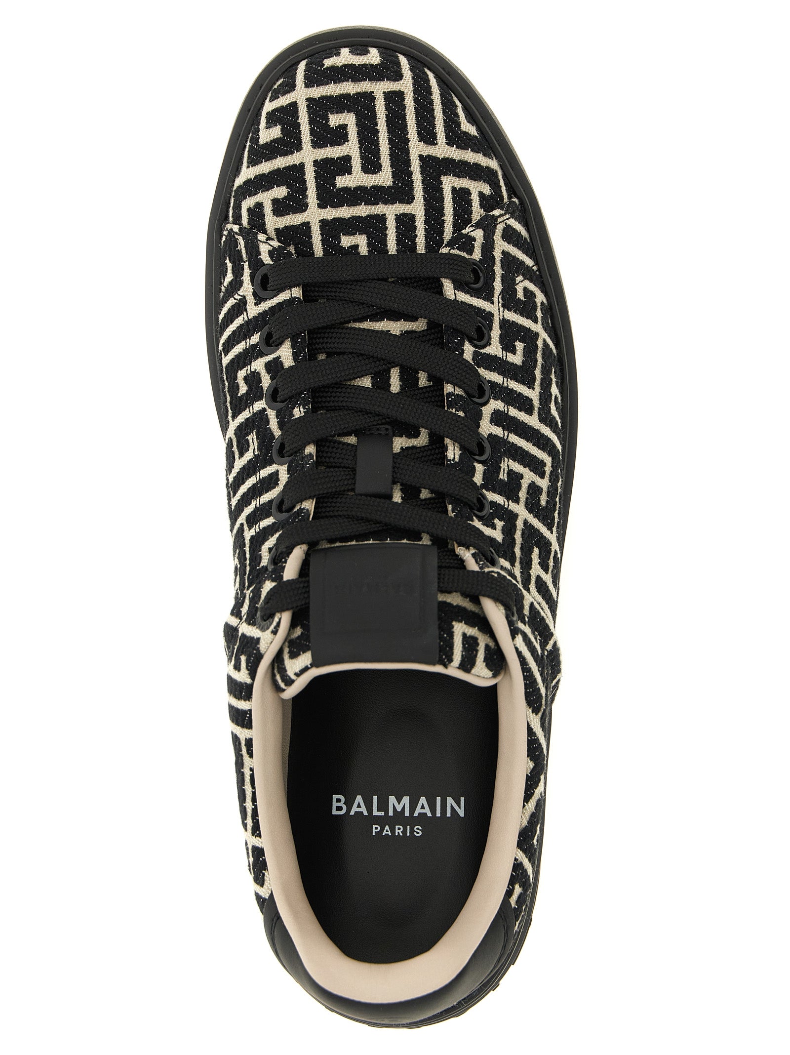 Sneakers by Balmain for men in polyester cotton leather bicolour, beige, black, white, jacquard & monogram presents a impeccable silhouette as Men's Low Top Polyester Cotton Leather Sneakers, expertly defined by a impeccable low-top style for a impeccable, high-fashion look.