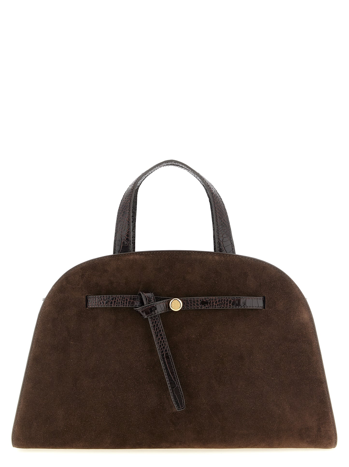 Crossbody Tote Handbag by Tory Burch for women in bos taurus suede cowhide leather brown, gold & print features an multi-faceted design with a secure snap, zipper, hook & button, ample , and versatile crossbody-strap, shoulder-strap & handle for a multi-faceted finish.