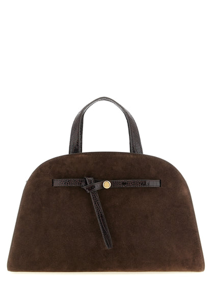Crossbody Tote Handbag by Tory Burch for women in bos taurus suede cowhide leather brown, gold & print features an multi-faceted design with a secure snap, zipper, hook & button, ample , and versatile crossbody-strap, shoulder-strap & handle for a multi-faceted finish.