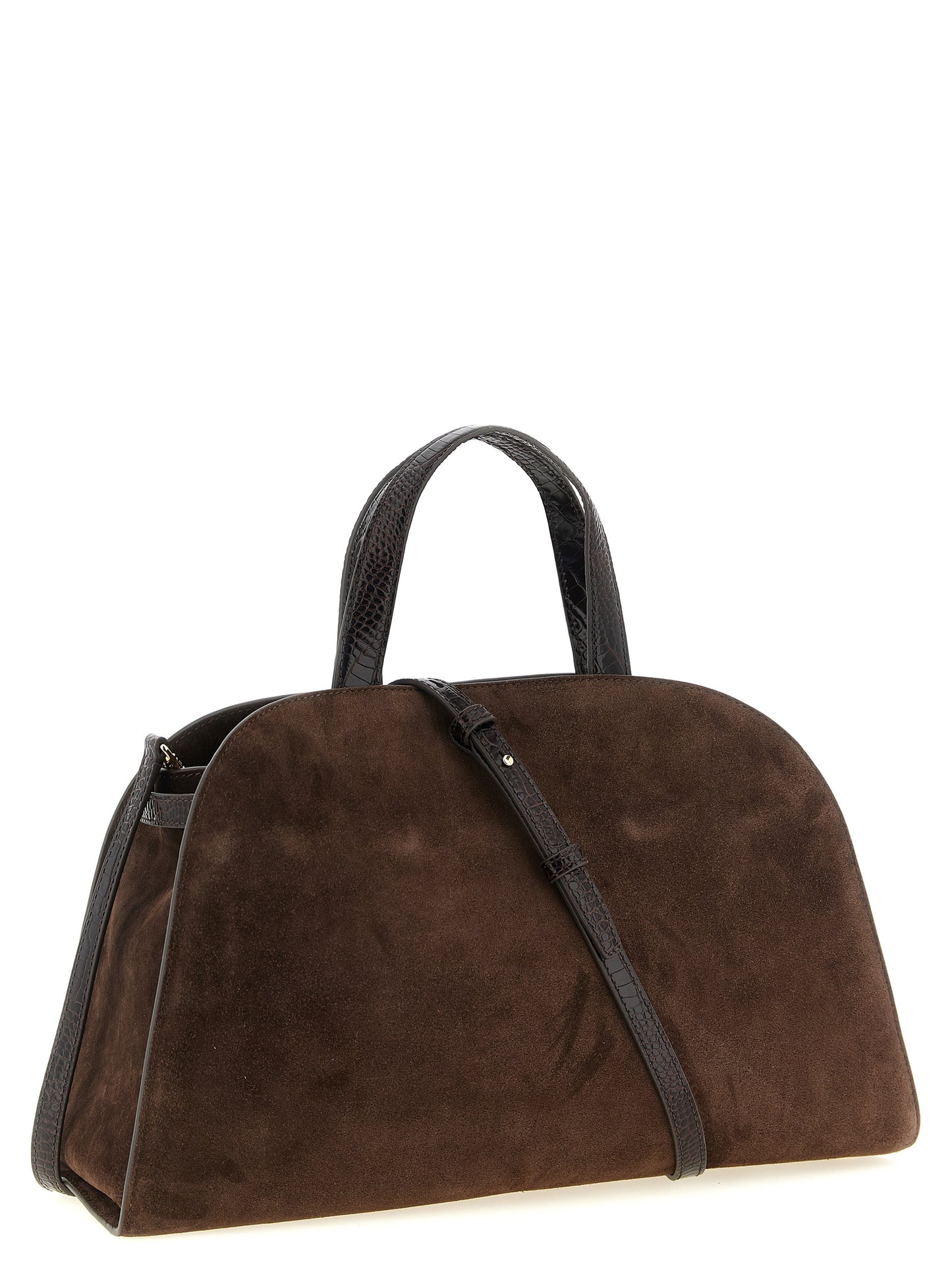 Crossbody Tote Handbag by Tory Burch for women in bos taurus suede cowhide leather brown, gold & print features a transformative sophistication silhouette, showcasing a secure snap, zipper, hook & button, ample , and versatile crossbody-strap, shoulder-strap & handle for a transformative sophistication look.