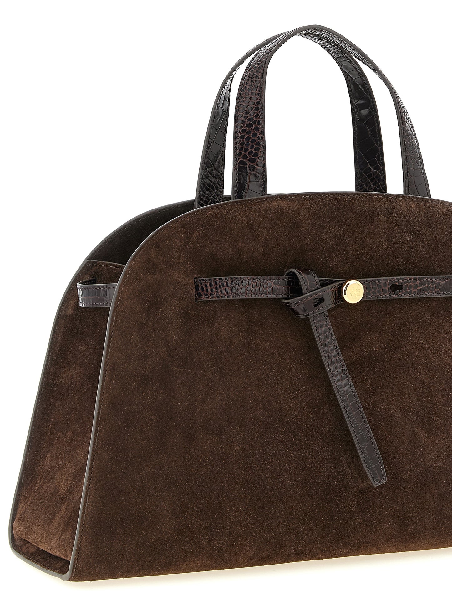 Crossbody Tote Handbag by Tory Burch for women in bos taurus suede cowhide leather brown, gold & print showcases a versatile sophistication silhouette, featuring a secure snap, zipper, hook & button, versatile sophistication , and versatile crossbody-strap, shoulder-strap & handle for a versatile sophistication finish.