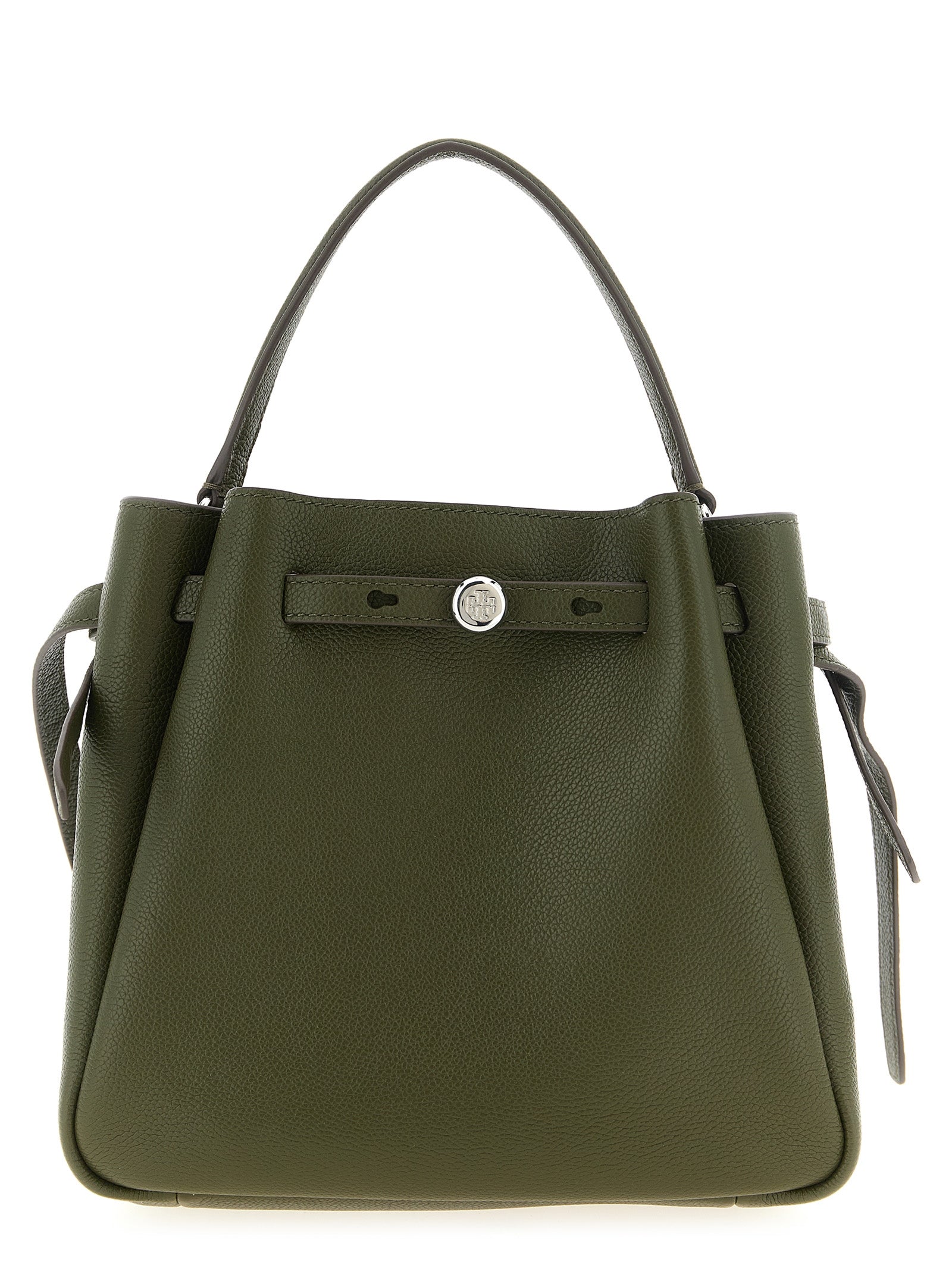 Crossbody Bucket Handbag by Tory Burch for women in bos taurus cowhide leather bicolour, green, olive & silver features a transformative sophistication silhouette, showcasing a secure , ample , and versatile crossbody-strap, shoulder-strap, handle & adjustable-strap for a transformative sophistication look.