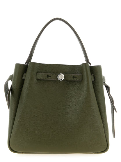 Crossbody Bucket Handbag by Tory Burch for women in bos taurus cowhide leather bicolour, green, olive & silver features a transformative sophistication silhouette, showcasing a secure , ample , and versatile crossbody-strap, shoulder-strap, handle & adjustable-strap for a transformative sophistication look.