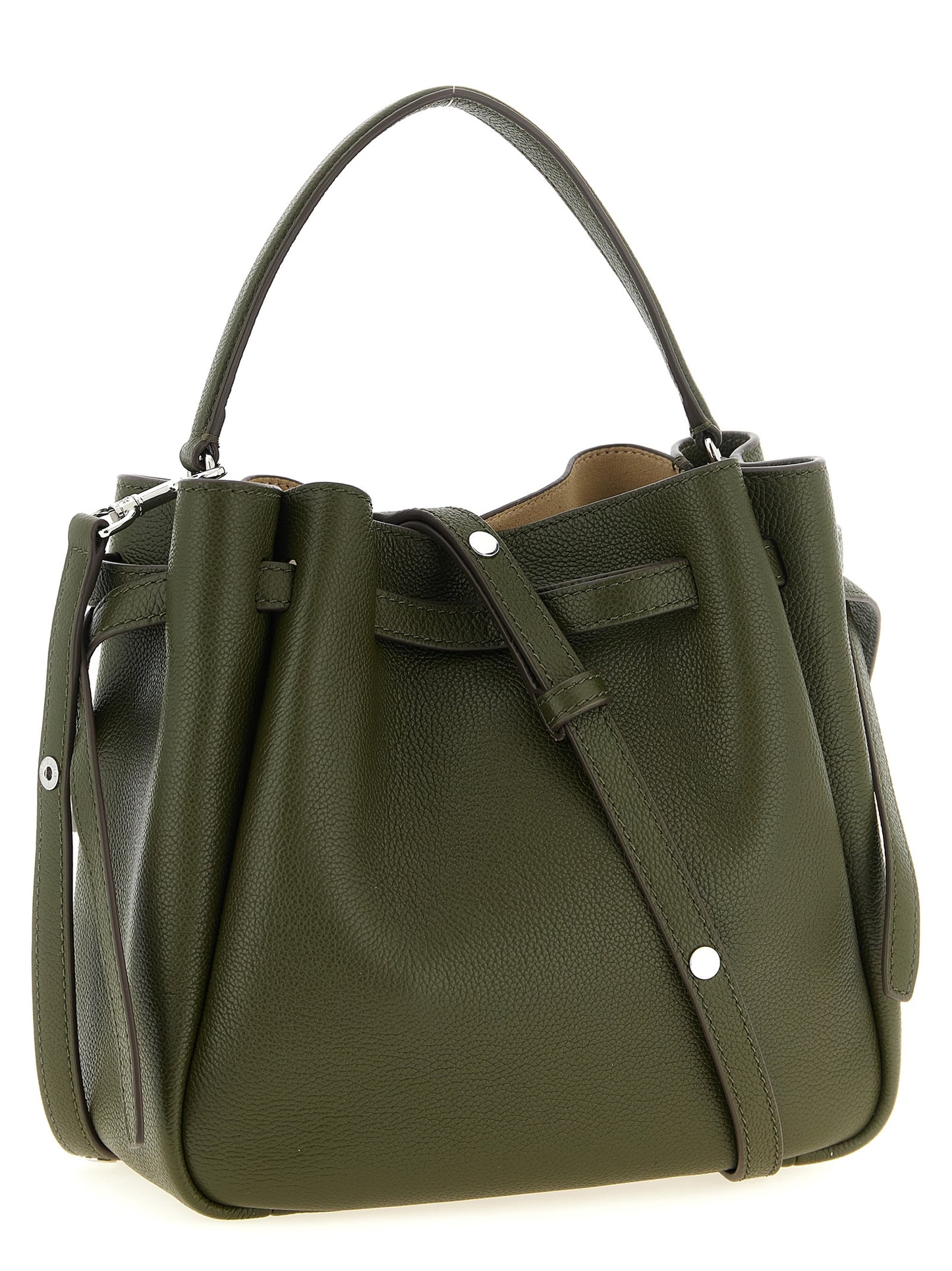 Crossbody Bucket Handbag by Tory Burch for women in bos taurus cowhide leather bicolour, green, olive & silver features a versatile chic silhouette, meticulously detailed with a secure , ample , and versatile crossbody-strap, shoulder-strap, handle & adjustable-strap.
