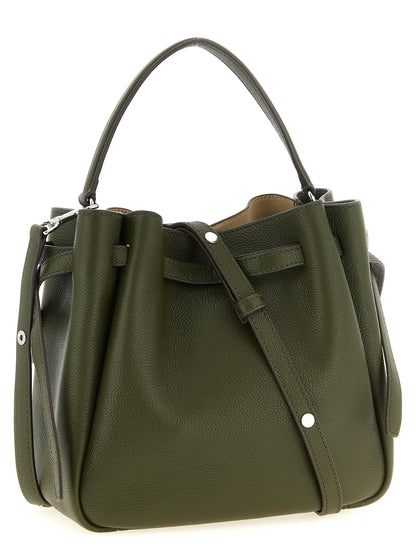 Crossbody Bucket Handbag by Tory Burch for women in bos taurus cowhide leather bicolour, green, olive & silver features a versatile chic silhouette, meticulously detailed with a secure , ample , and versatile crossbody-strap, shoulder-strap, handle & adjustable-strap.