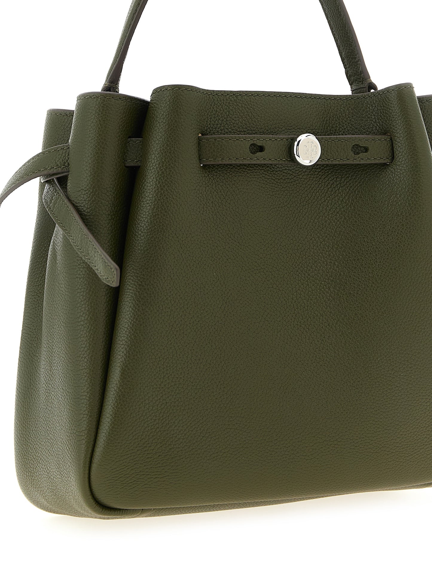 Crossbody Bucket Handbag by Tory Burch for women in bos taurus cowhide leather bicolour, green, olive & silver features an versatile silhouette, showcasing a secure and versatile with versatile crossbody-strap, shoulder-strap, handle & adjustable-strap for a versatile finish.