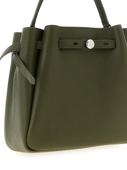 Crossbody Bucket Handbag by Tory Burch for women in bos taurus cowhide leather bicolour, green, olive & silver features an versatile silhouette, showcasing a secure and versatile with versatile crossbody-strap, shoulder-strap, handle & adjustable-strap for a versatile finish.