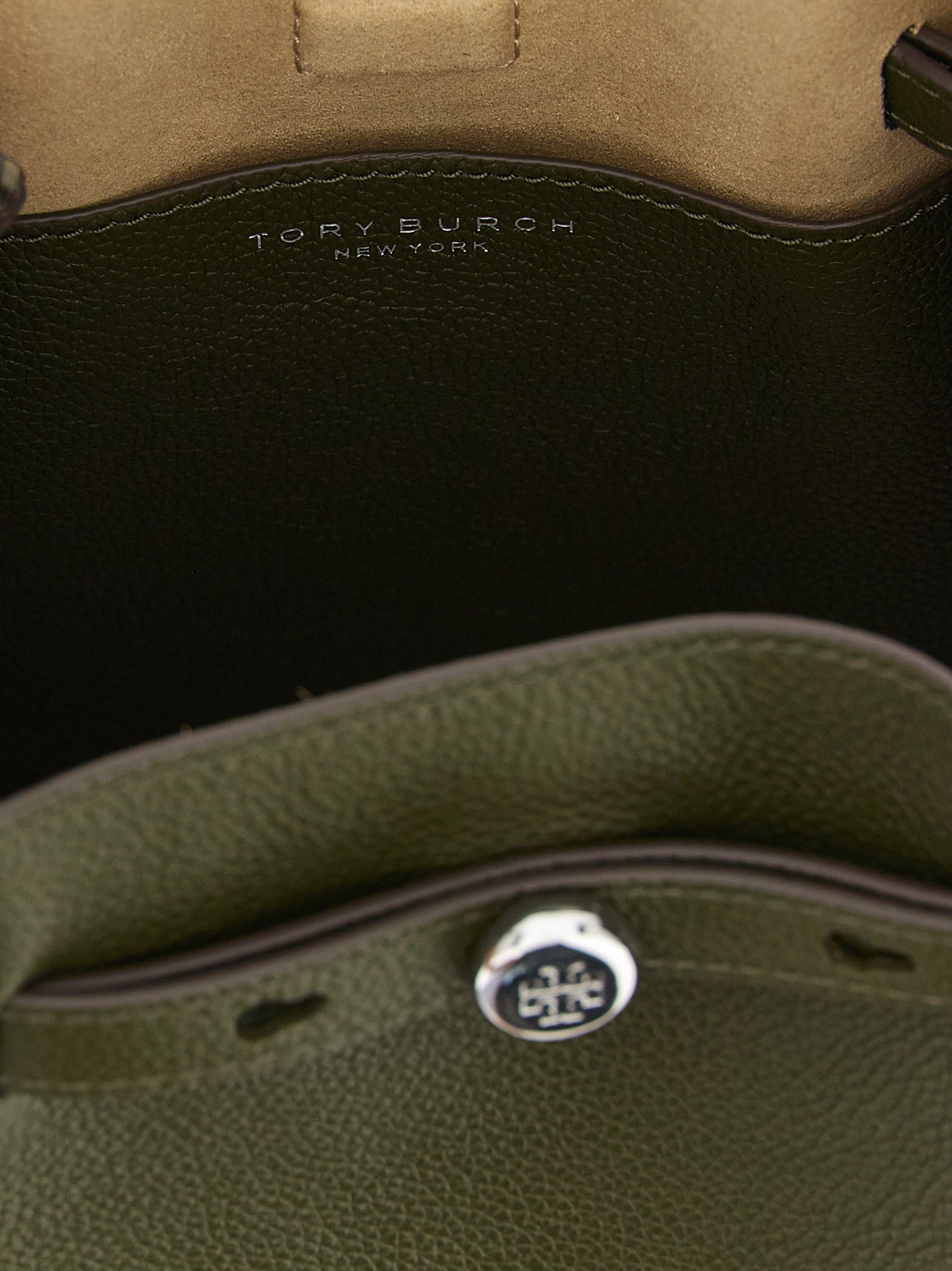 Crossbody Bucket Handbag by Tory Burch for women in bos taurus cowhide leather bicolour, green, olive & silver features a transformative sophistication silhouette, showcasing a secure , ample , and versatile crossbody-strap, shoulder-strap, handle & adjustable-strap for a transformative sophistication look.
