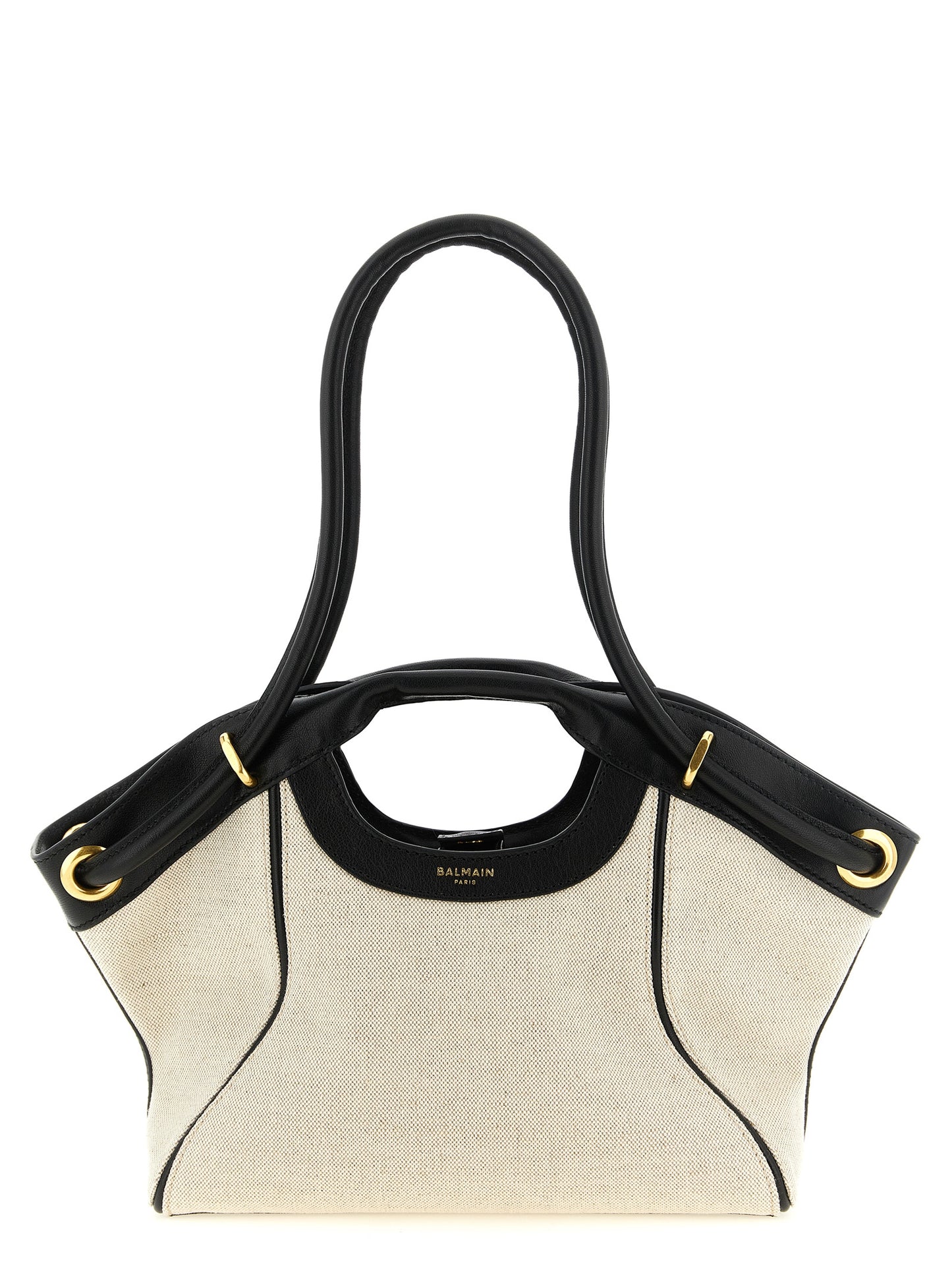 Shopper Tote Clutch Bag by Balmain for women in linen cotton & leather bicolour, black, gold & white features a distinguished Linen Cotton & Leather Shopper Tote Clutch Bag design, complete with a secure snap, ample , and versatile handle & adjustable-strap for a distinguished look.