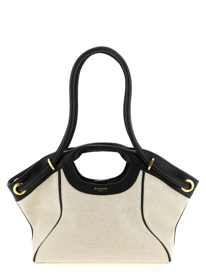 Shopper Tote Clutch Bag by Balmain for women in linen cotton & leather bicolour, black, gold & white features a distinguished Linen Cotton & Leather Shopper Tote Clutch Bag design, complete with a secure snap, ample , and versatile handle & adjustable-strap for a distinguished look.