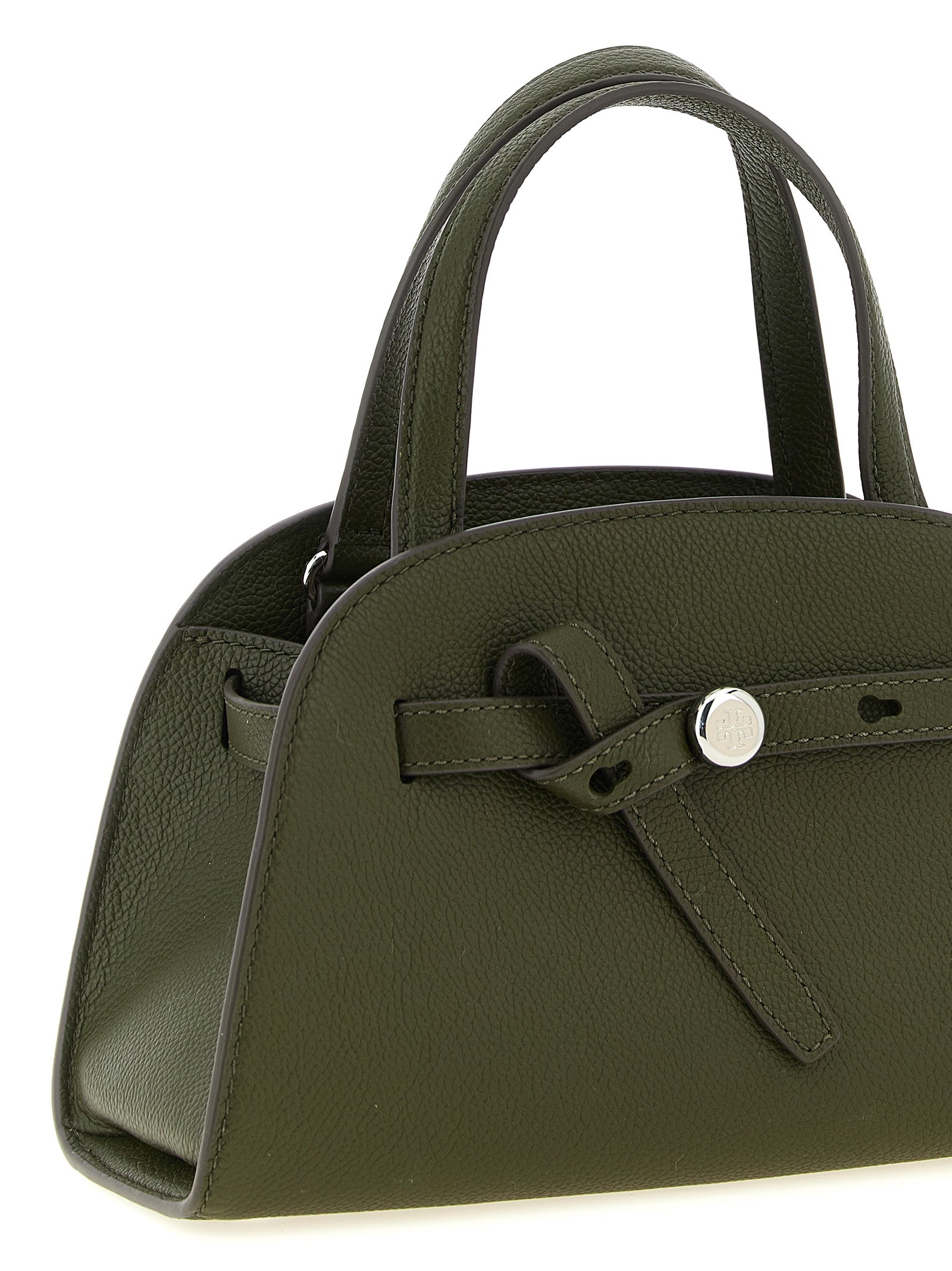 Small Crossbody Pouch Handbag by Tory Burch for women in bos taurus cowhide leather brown & silver features a multifaceted silhouette, showcasing a secure button and multifaceted with versatile crossbody-strap, shoulder-strap, handle & adjustable-strap for multifaceted style.