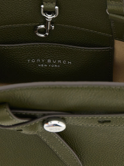 Small Crossbody Pouch Handbag by Tory Burch for women in bos taurus cowhide leather brown & silver showcases a versatile sophistication silhouette, featuring a secure button, versatile sophistication , and versatile crossbody-strap, shoulder-strap, handle & adjustable-strap for a versatile sophistication finish.