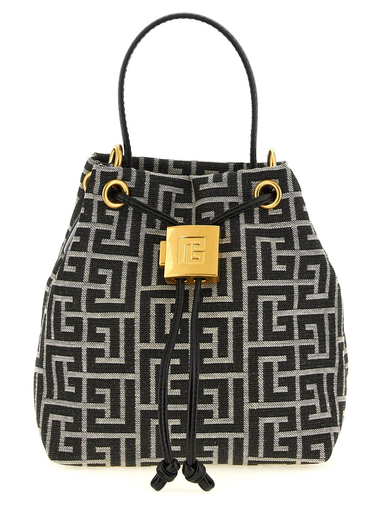 Mini Bucket Handbag by Balmain for women in leather & polyester cotton bicolour, black, gold, white, jacquard & monogram features a refined silhouette, showcasing a secure , organized , and versatile adjustable-strap for a refined finish.