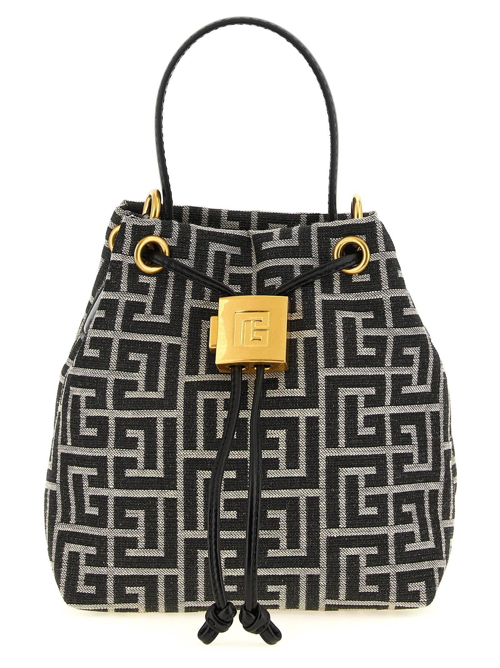 Mini Bucket Handbag by Balmain for women in leather & polyester cotton bicolour, black, gold, white, jacquard & monogram features a refined silhouette, showcasing a secure , organized , and versatile adjustable-strap for a refined finish.