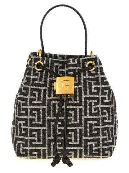 Mini Bucket Handbag by Balmain for women in leather & polyester cotton bicolour, black, gold, white, jacquard & monogram features a refined silhouette, showcasing a secure , organized , and versatile adjustable-strap for a refined finish.