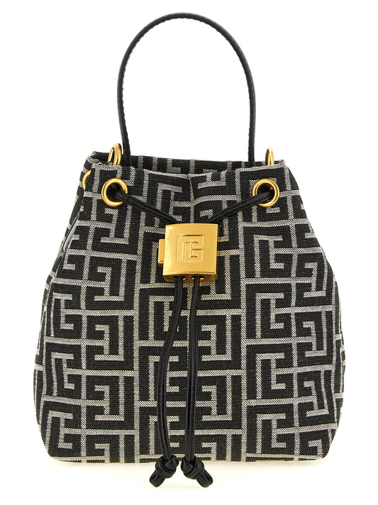 Mini Bucket Handbag by Balmain for women in leather & polyester cotton bicolour, black, gold, white, jacquard & monogram features a refined silhouette, showcasing a secure , organized , and versatile adjustable-strap for a refined finish.
