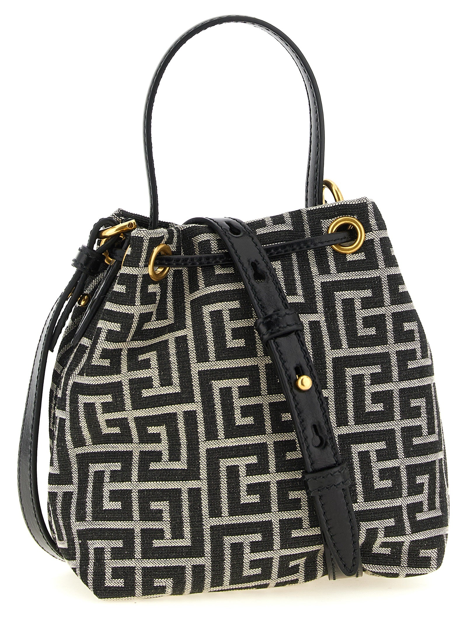 This Mini Bucket Handbag by Balmain for women in leather & polyester cotton and bicolour, black, gold, white, jacquard & monogram presents a sculptural silhouette featuring a secure , ample , and versatile adjustable-strap for a sculptural finish.