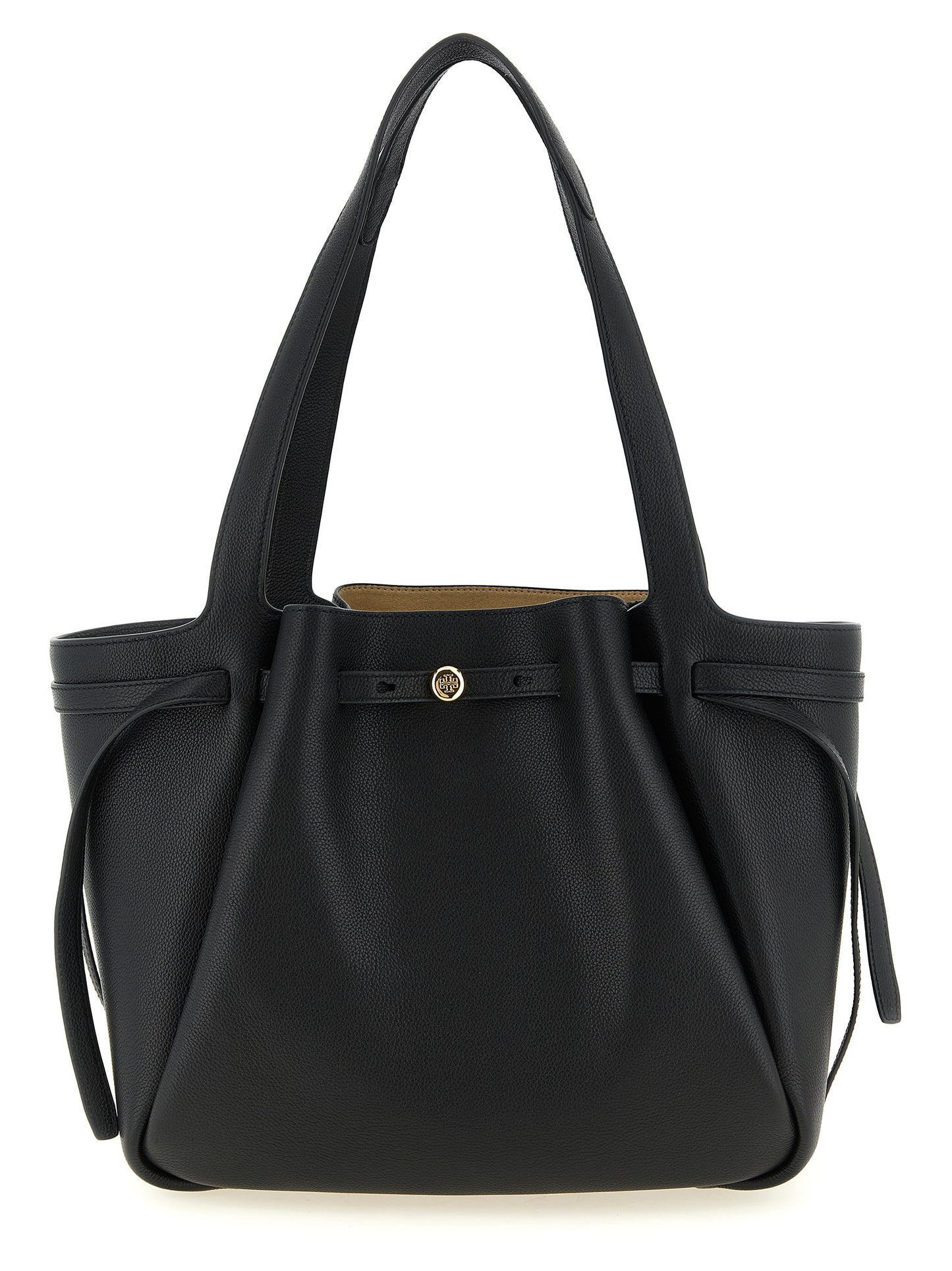 Tote Bag by Tory Burch for women in bos taurus cowhide leather black & gold features a urban sophisticate Romy Bos Taurus Cowhide Leather Tote Bag design with a secure zipper, ample , and versatile handle for a urban sophisticate finish.