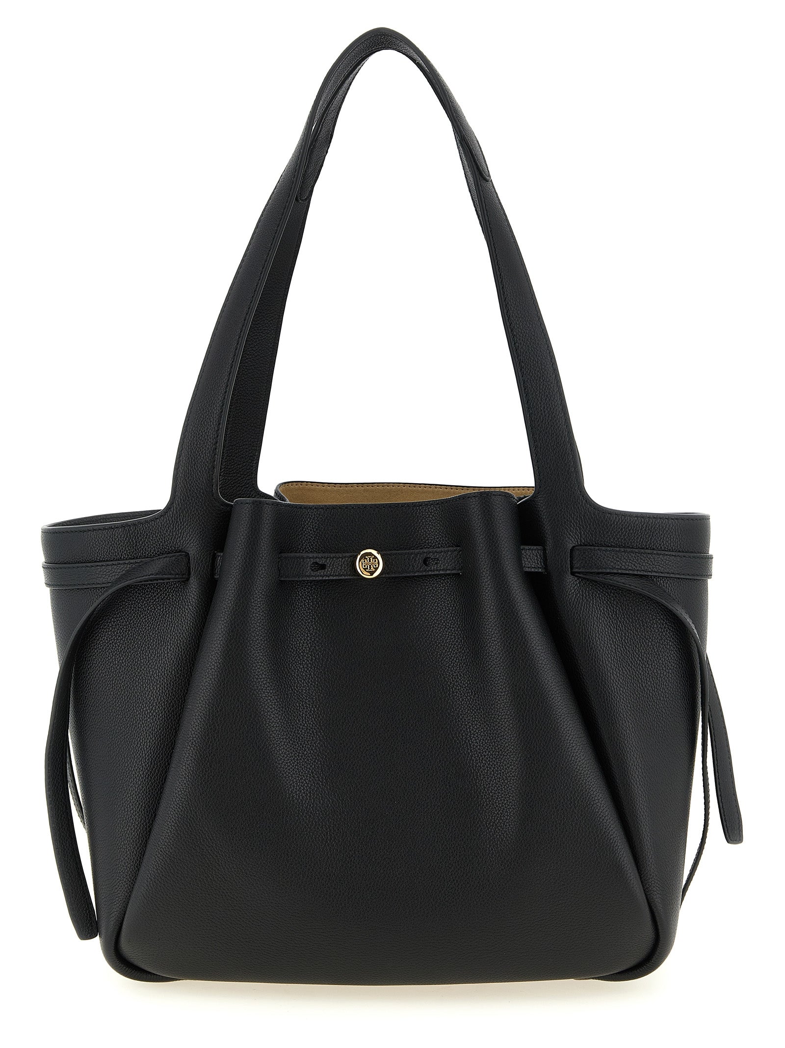 Tote Bag by Tory Burch for women in bos taurus cowhide leather black & gold features a urban sophisticate Romy Bos Taurus Cowhide Leather Tote Bag design with a secure zipper, ample , and versatile handle for a urban sophisticate finish.