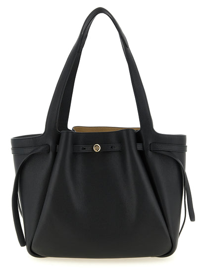 Tote Bag by Tory Burch for women in bos taurus cowhide leather black & gold features a urban sophisticate Romy Bos Taurus Cowhide Leather Tote Bag design with a secure zipper, ample , and versatile handle for a urban sophisticate finish.