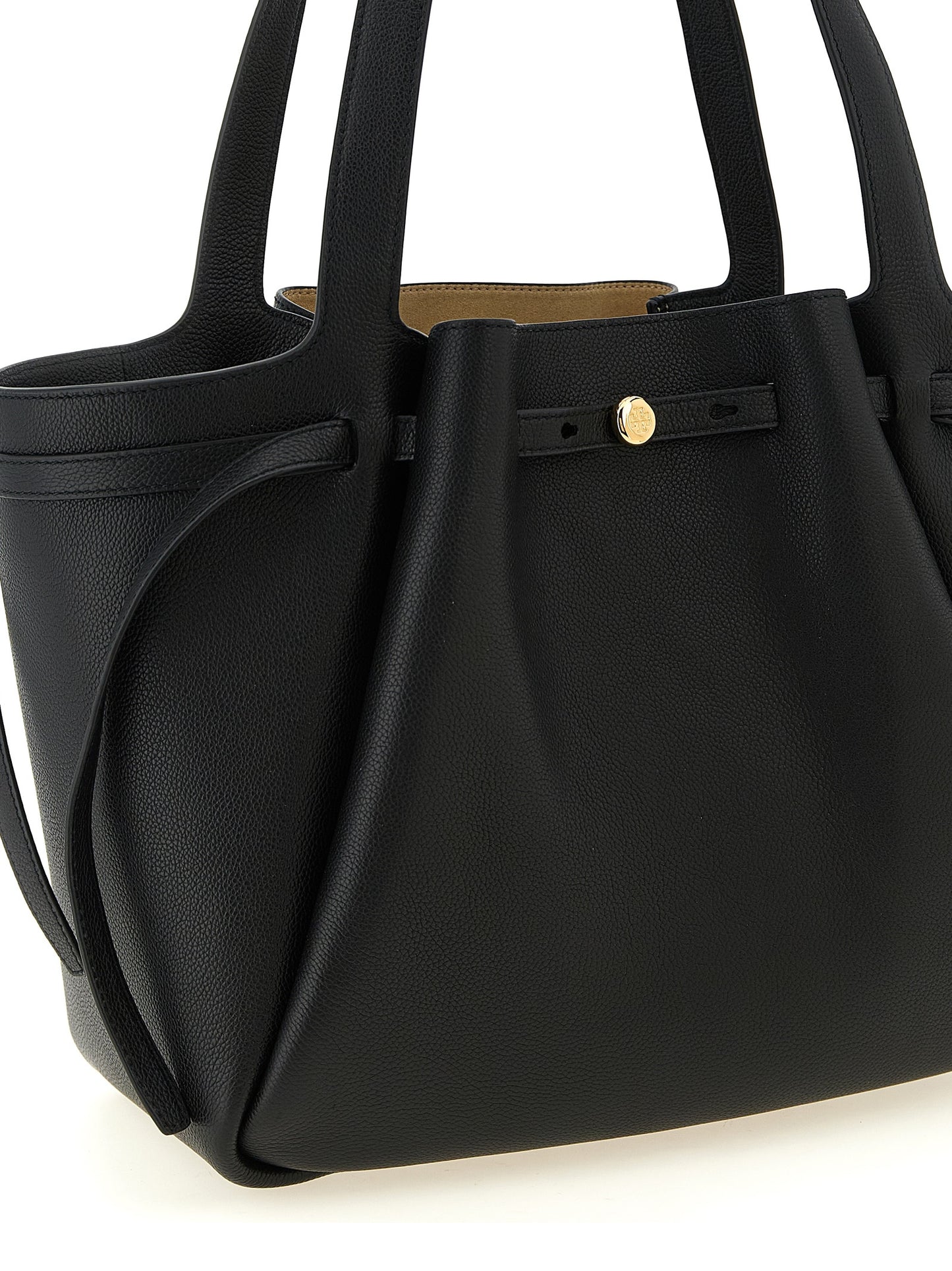 Tote Bag by Tory Burch for women in bos taurus cowhide leather black & gold showcases a urban-chic Romy Bos Taurus Cowhide Leather Tote Bag design, featuring a secure zipper, ample , and versatile handle for a urban-chic finish.