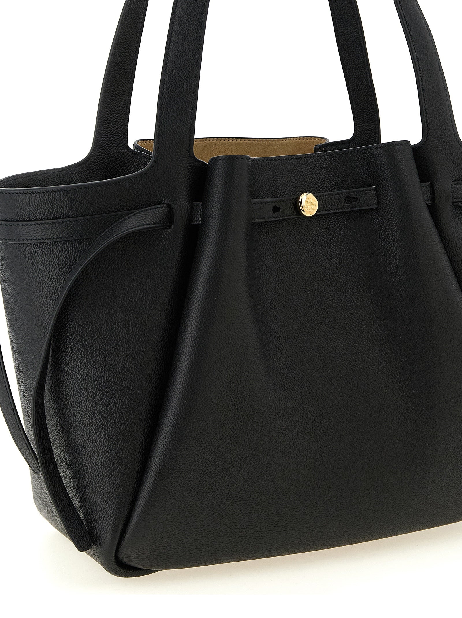 Tote Bag by Tory Burch for women in bos taurus cowhide leather black & gold showcases a urban-chic Romy Bos Taurus Cowhide Leather Tote Bag design, featuring a secure zipper, ample , and versatile handle for a urban-chic finish.
