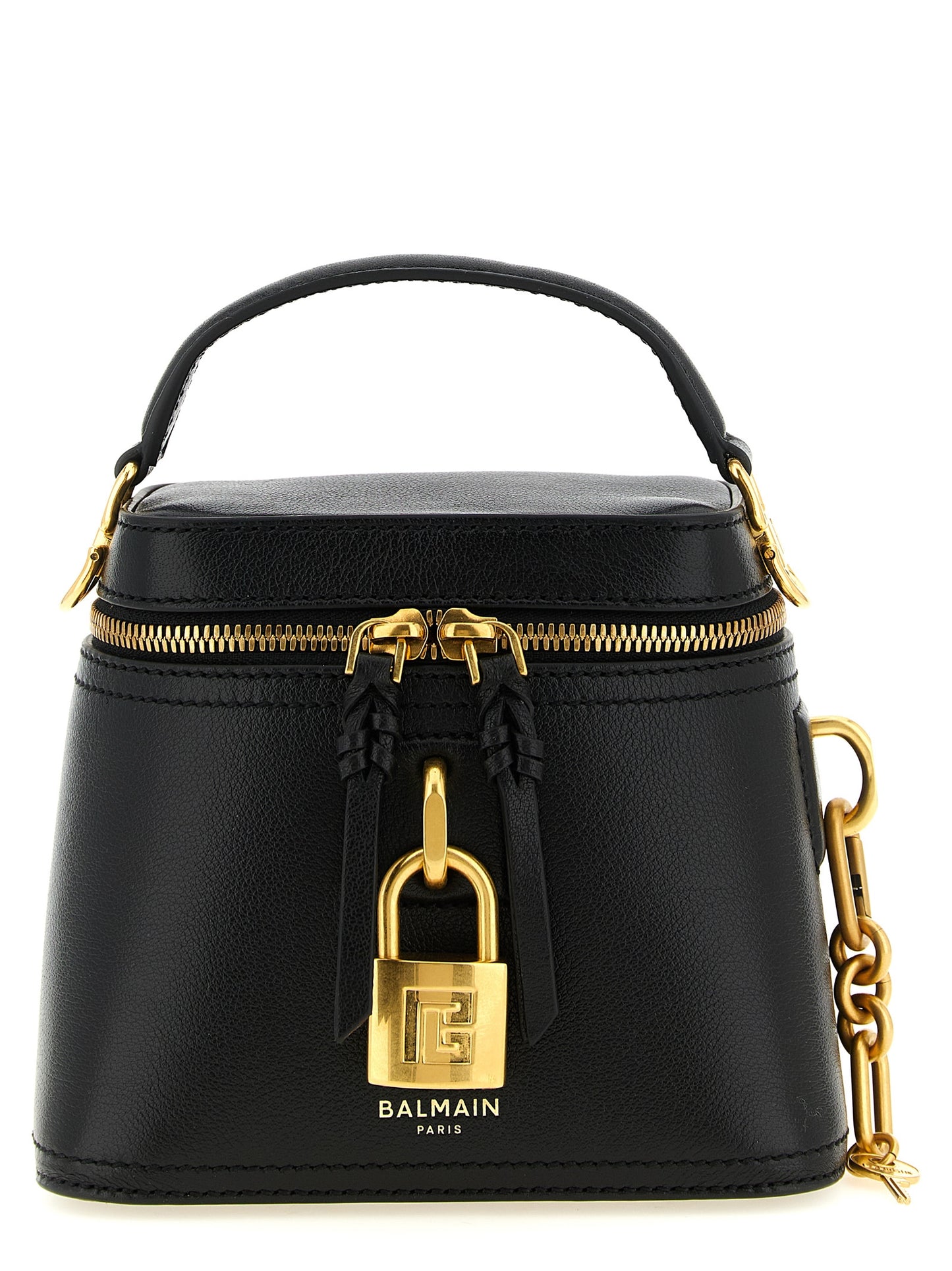 This Vanity Handbag by Balmain for women in buffalo leather and black & gold presents a sculptural silhouette featuring a secure , ample cardholder, and versatile shoulder-strap, handle & adjustable-strap for a sculptural finish.