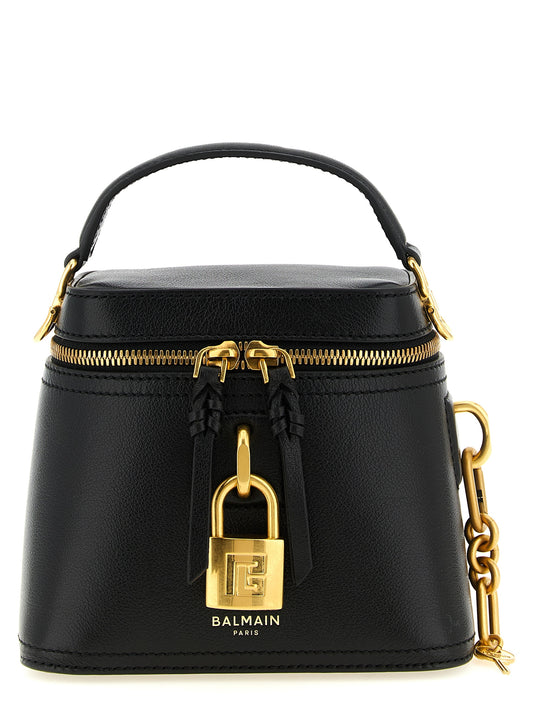 This Vanity Handbag by Balmain for women in buffalo leather and black & gold presents a sculptural silhouette featuring a secure , ample cardholder, and versatile shoulder-strap, handle & adjustable-strap for a sculptural finish.