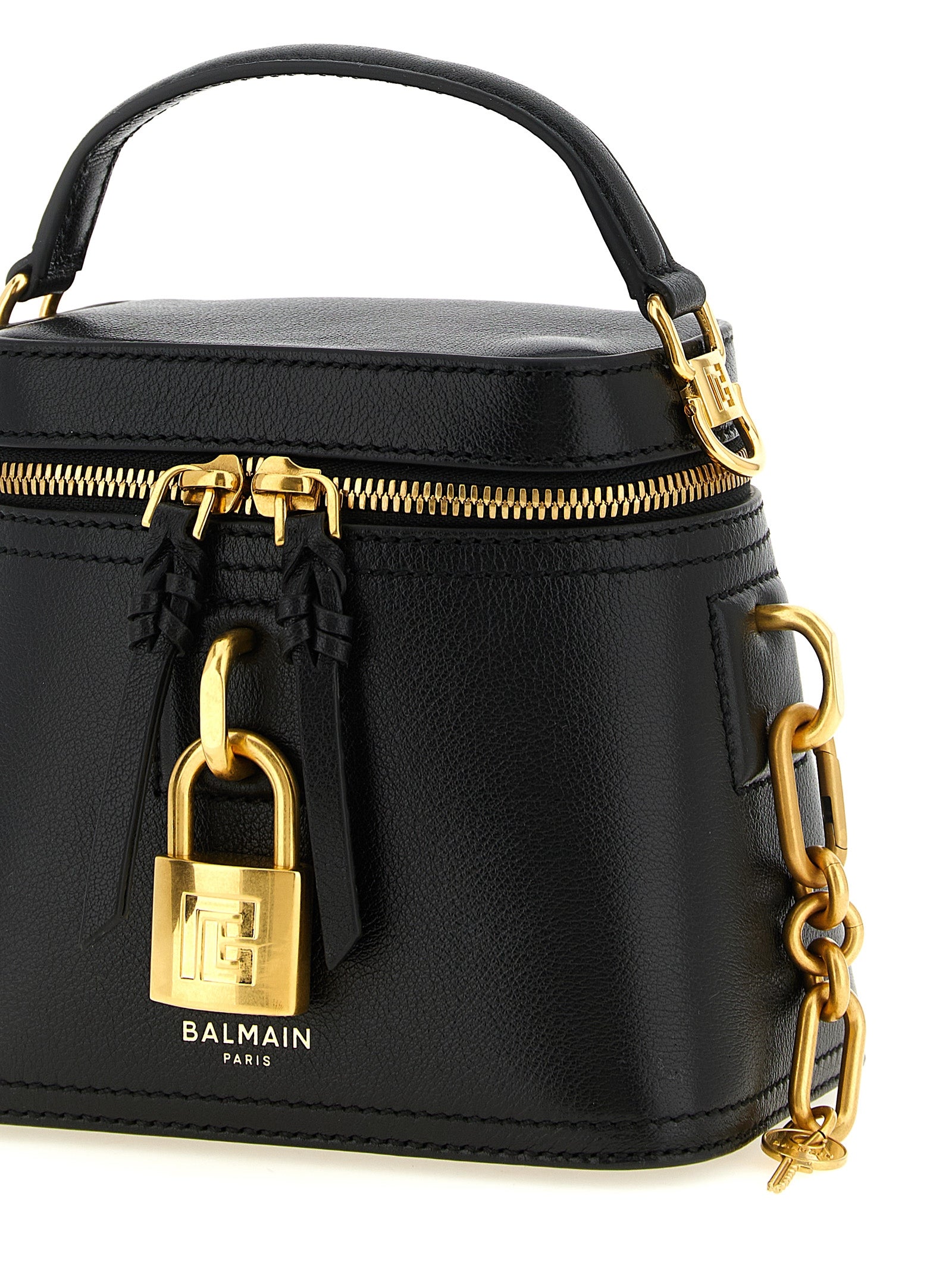 Vanity Handbag by Balmain for women in buffalo leather black & gold presents a ornamental silhouette, showcasing a secure , ample cardholder, and versatile shoulder-strap, handle & adjustable-strap for a ornamental finish.