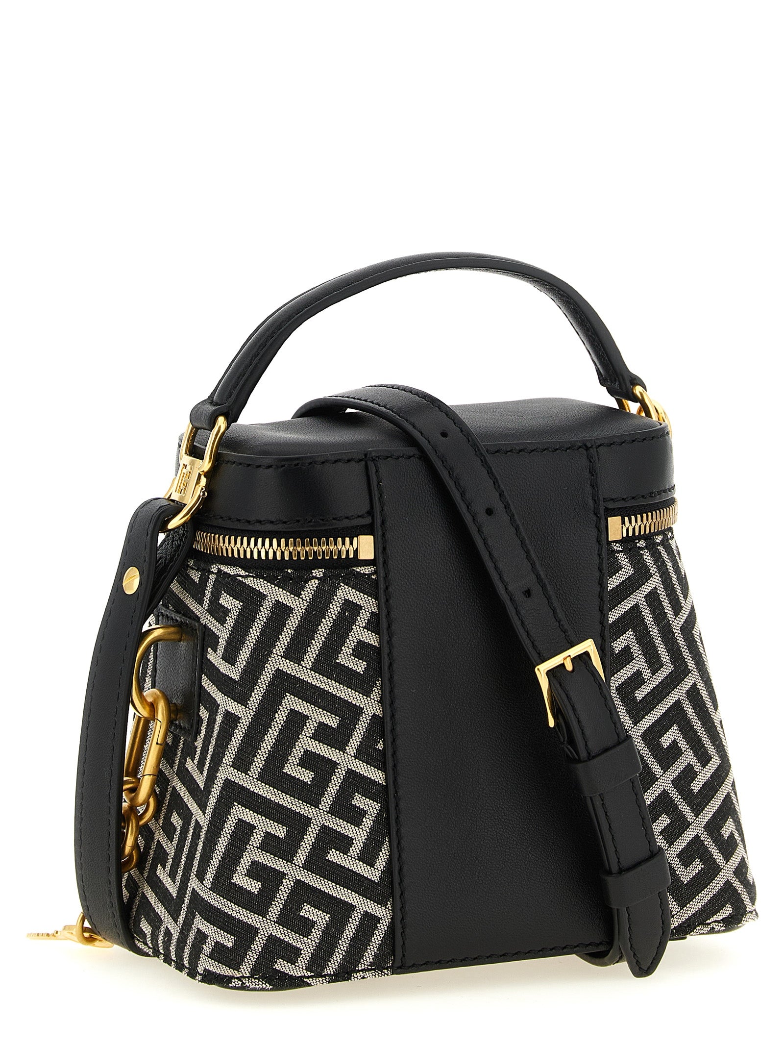 Vanity Handbag by Balmain for women in poly cotton canvas & leather bicolour, black, gold, ivory, white, jacquard & monogram features a contemporary silhouette, showcasing a secure zipper, ample , and contemporary for a sophisticated look.