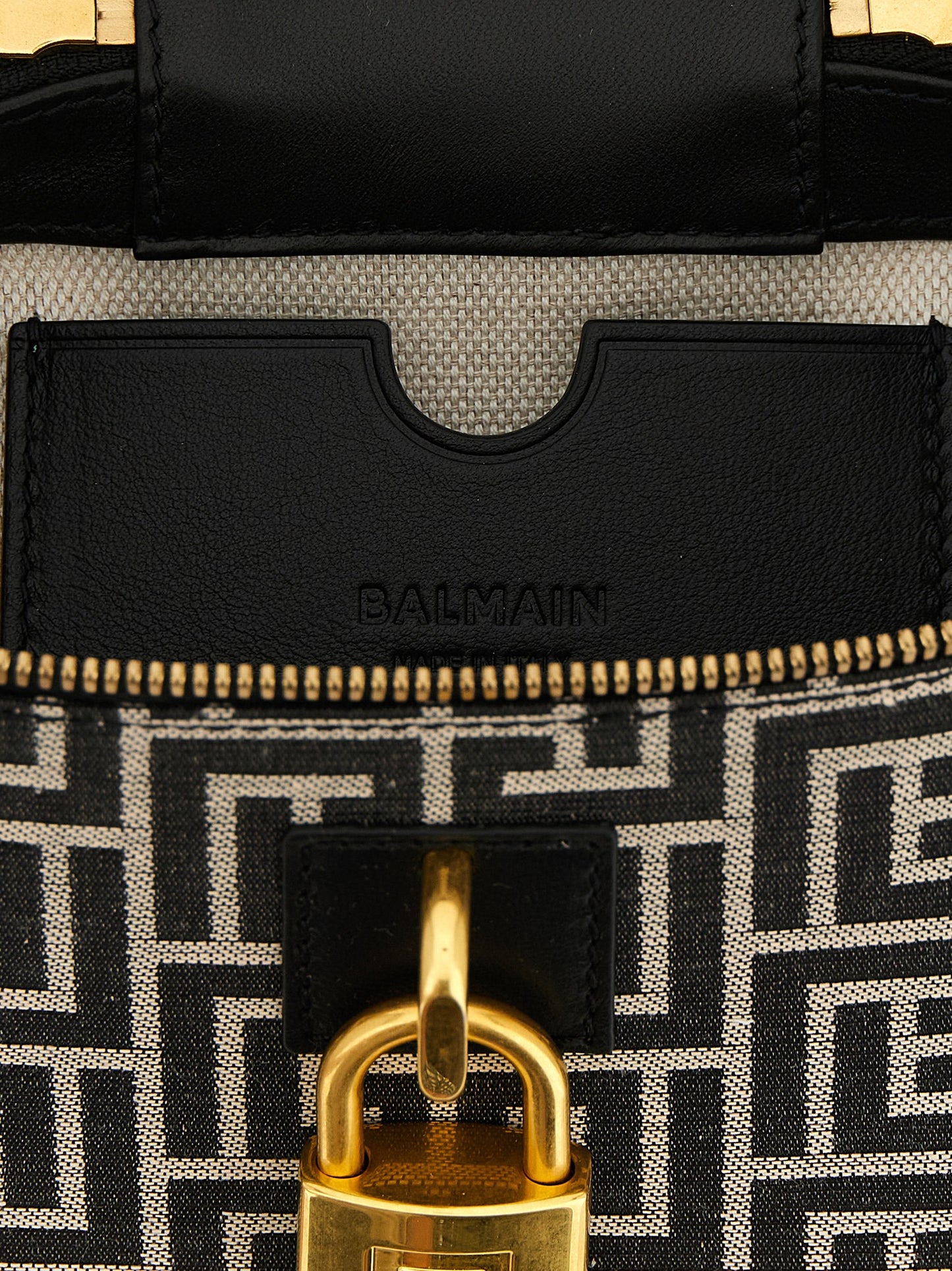 Vanity Handbag by Balmain for women in poly cotton canvas & leather bicolour, black, gold, ivory, white, jacquard & monogram features a signature silhouette, showcasing a secure zipper and signature with versatile for a sophisticated look.
