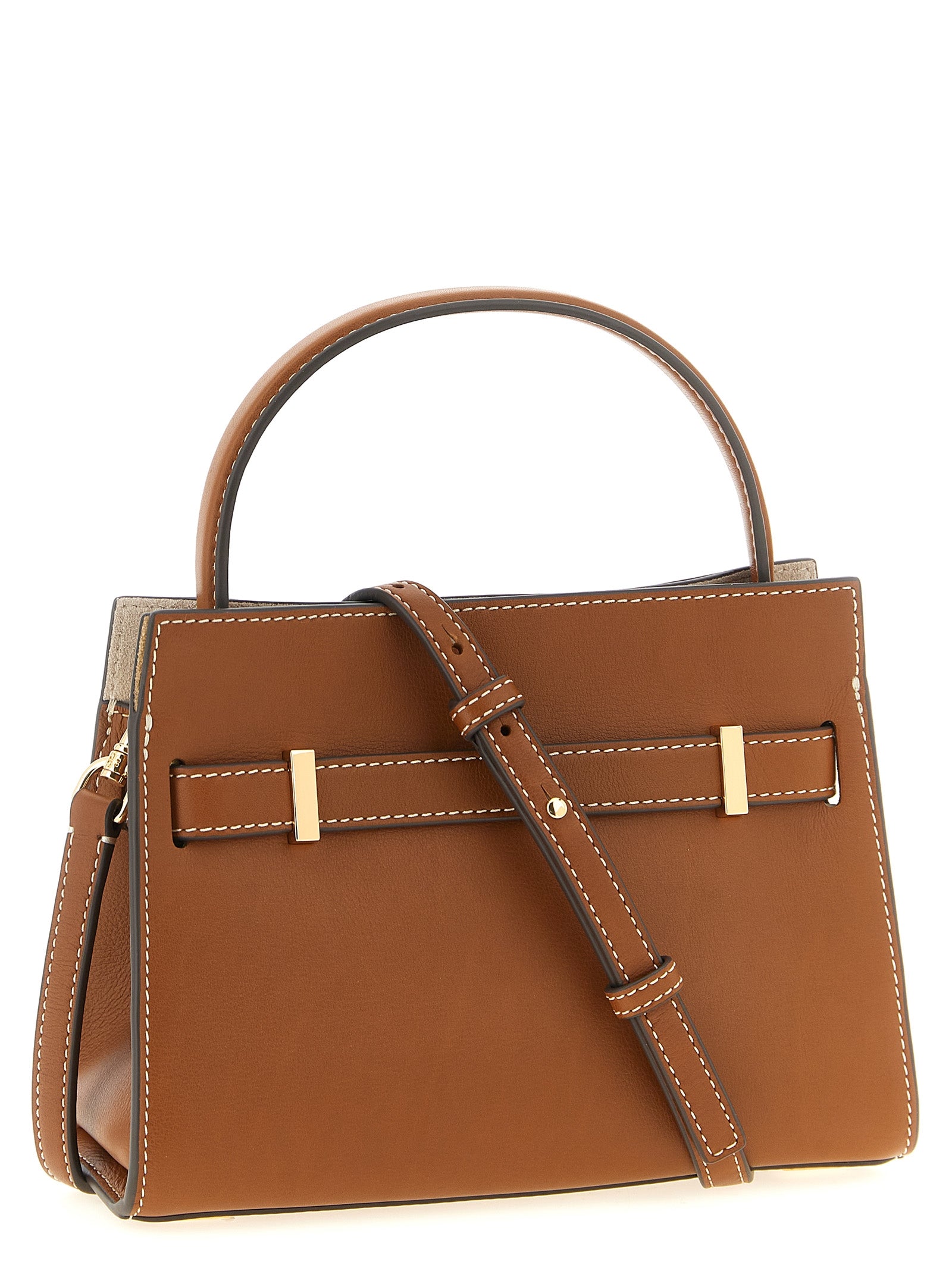 Compact Crossbody Handbag by Tory Burch for women in cowhide leather brown & gold features a multifaceted silhouette, showcasing a secure and multifaceted with versatile crossbody-strap, shoulder-strap, handle, adjustable-strap, detachable-strap & belt-strap for multifaceted style.