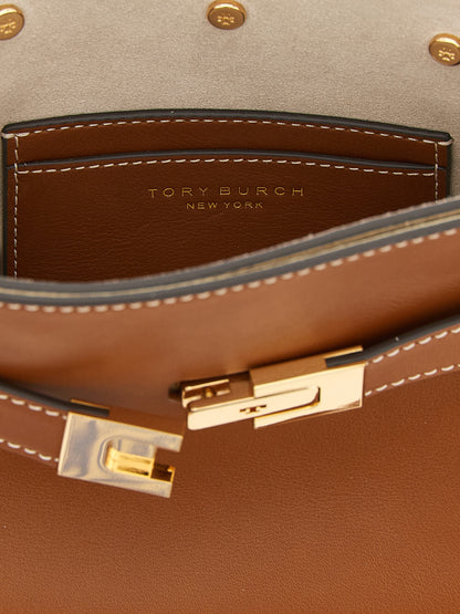 Compact Crossbody Handbag by Tory Burch for women in cowhide leather brown & gold features a transformative elegance silhouette, showcasing a secure , organized , and versatile crossbody-strap, shoulder-strap, handle, adjustable-strap, detachable-strap & belt-strap for a transformative elegance look.