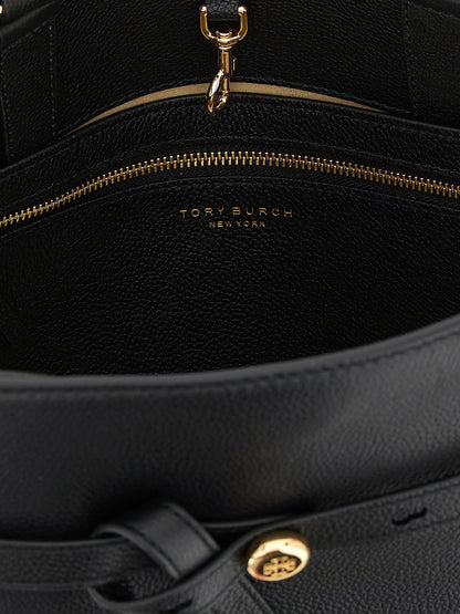 Crossbody Handbag by Tory Burch for women in bos taurus cowhide leather black & gold features an multi-faceted design with a secure snap, hook & button, ample , and versatile crossbody-strap, shoulder-strap, handle, adjustable-strap & belt-strap for a multi-faceted finish.