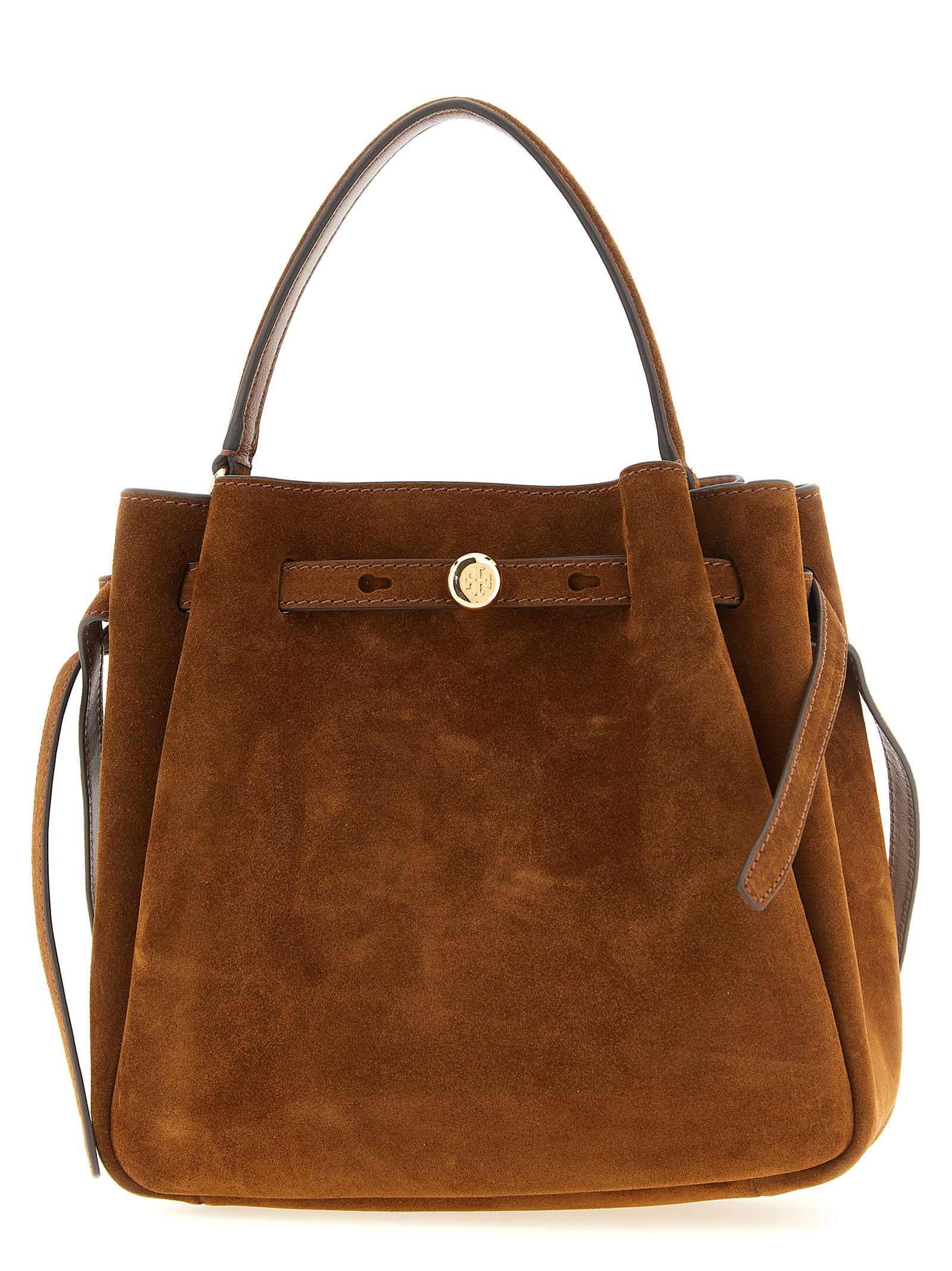 Crossbody Bucket Handbag by Tory Burch for women in bos taurus suede leather brown, gold & signature showcases a versatile sophistication silhouette, featuring a secure , versatile sophistication , and versatile crossbody-strap, shoulder-strap, handle & adjustable-strap for a versatile sophistication finish.