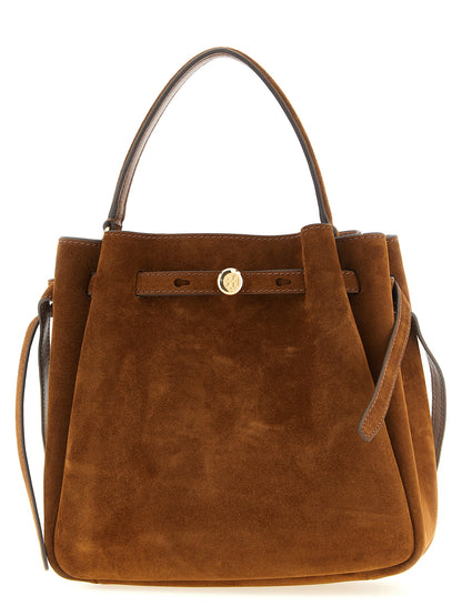 Crossbody Bucket Handbag by Tory Burch for women in bos taurus suede leather brown, gold & signature showcases a versatile sophistication silhouette, featuring a secure , versatile sophistication , and versatile crossbody-strap, shoulder-strap, handle & adjustable-strap for a versatile sophistication finish.