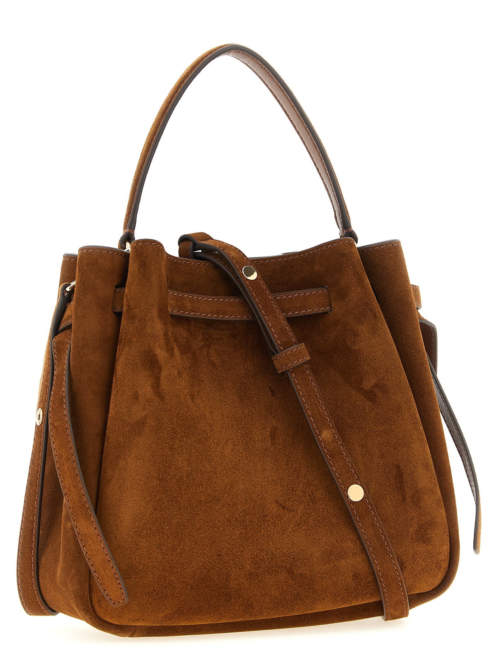 Crossbody Bucket Handbag by Tory Burch for women in bos taurus suede leather brown, gold & signature features a versatile chic silhouette, meticulously detailed with a secure , ample , and versatile crossbody-strap, shoulder-strap, handle & adjustable-strap.