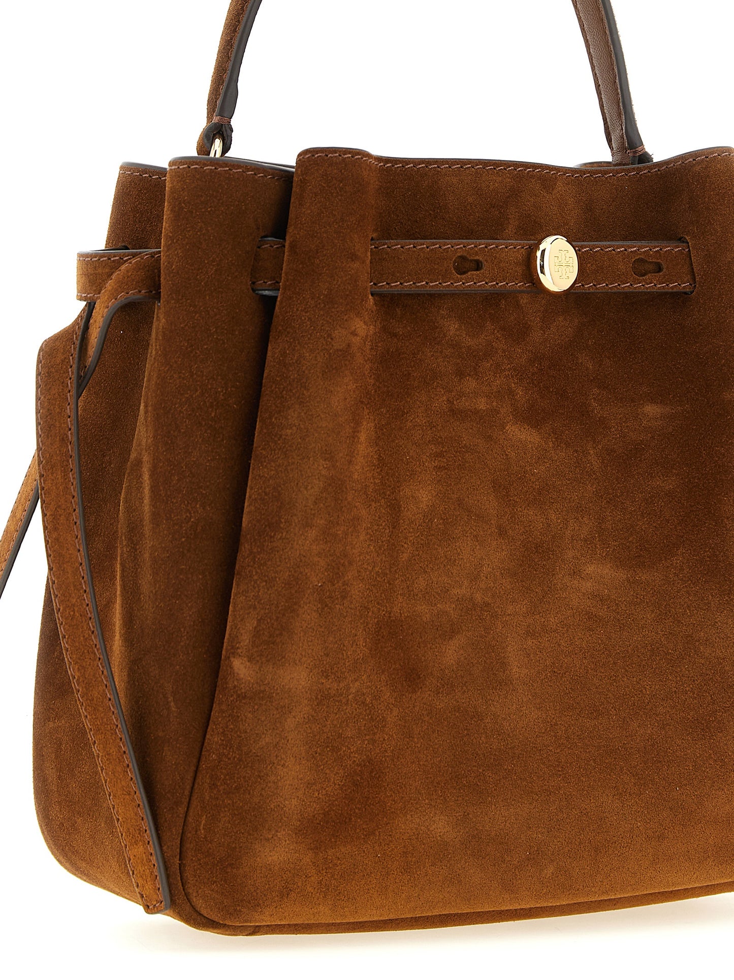 Crossbody Bucket Handbag by Tory Burch for women in bos taurus suede leather brown, gold & signature features a transformative elegance silhouette, showcasing a secure , organized , and versatile crossbody-strap, shoulder-strap, handle & adjustable-strap for a transformative elegance look.