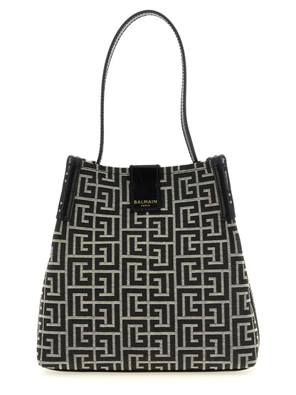 Balmain Poly Cotton & Leather Shoulder Bucket Bag - Bicolour Black Gold White Patterned Jacquard Monogram