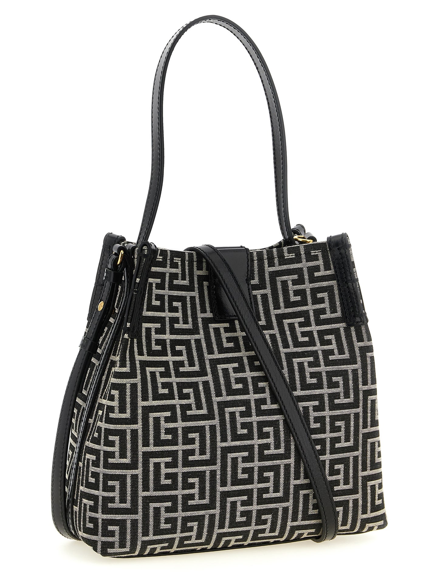 Balmain Poly Cotton & Leather Shoulder Bucket Bag - Bicolour Black Gold White Patterned Jacquard Monogram