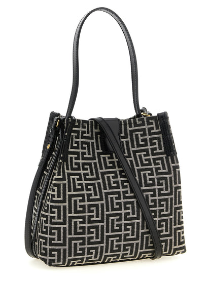 Balmain Poly Cotton & Leather Shoulder Bucket Bag - Bicolour Black Gold White Patterned Jacquard Monogram