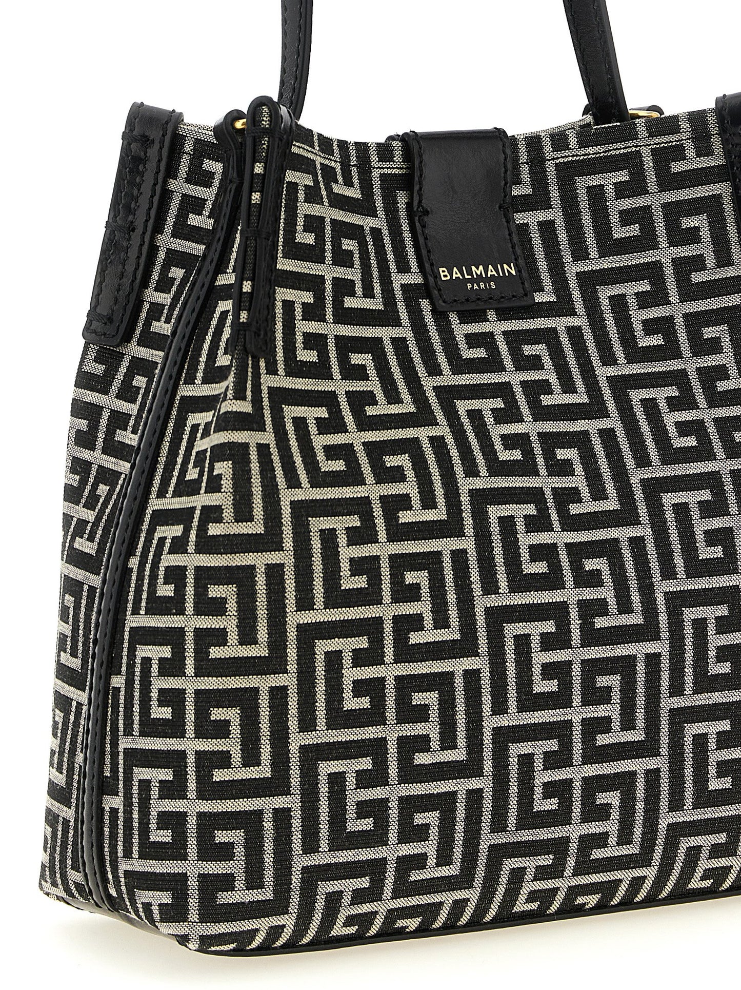 Balmain Poly Cotton & Leather Shoulder Bucket Bag - Bicolour Black Gold White Patterned Jacquard Monogram
