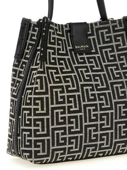 Balmain Poly Cotton & Leather Shoulder Bucket Bag - Bicolour Black Gold White Patterned Jacquard Monogram