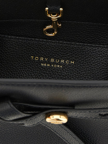 Small Crossbody Handbag by Tory Burch for women in bos taurus cowhide leather black, gold & signature features a transformative elegance silhouette, showcasing a secure , organized , and versatile crossbody-strap, shoulder-strap, adjustable-strap & handle for a transformative elegance look.