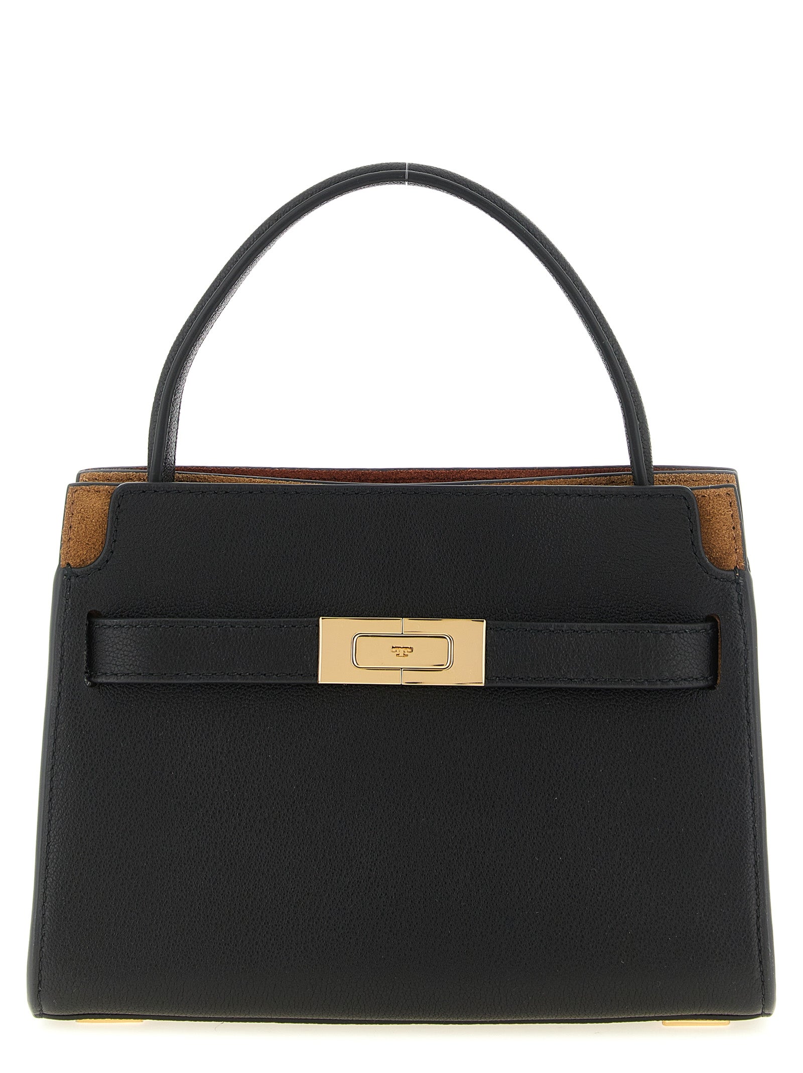 Crossbody Handbag by Tory Burch for women in suede lambskin leather black & gold features an versatile silhouette, showcasing a secure magnetic and versatile with versatile crossbody-strap, shoulder-strap & adjustable-strap for a versatile finish.